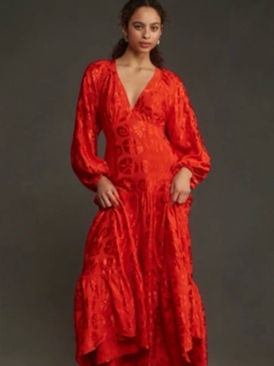 Anthropologie Dresses & Skirts - Farm Rio Long Sleeve Jaquard Anthropologie Red V-Neck Maxi Dress